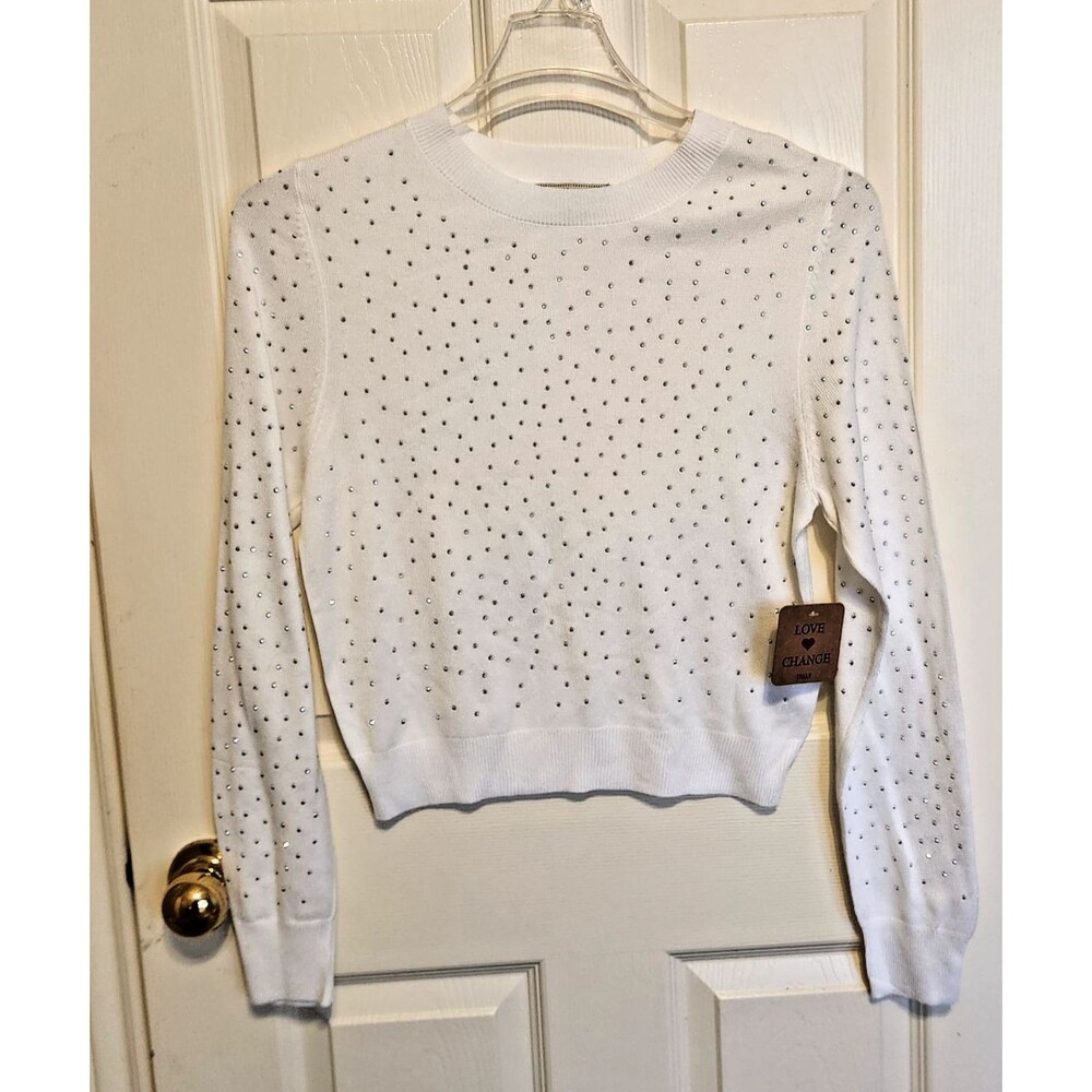 Love Change Italy Rhinestone Sweater Women's XL White Long Sleeve NWT